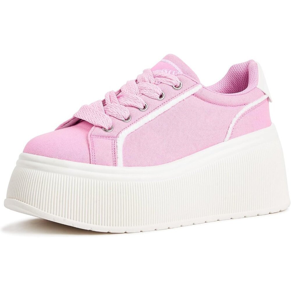 Brand New Women Pink Rubber Platform Wedge Canvas Sneakers Fashion Shoes